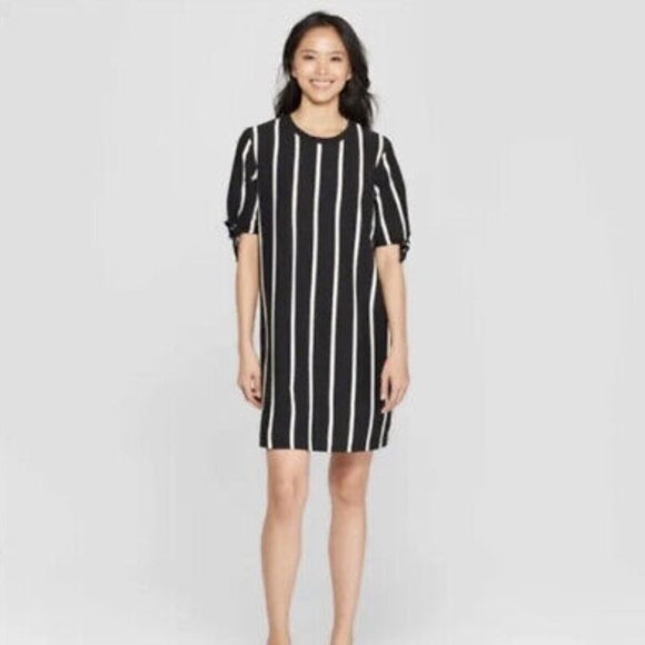 Who What Wear Women Shift Mini Dress Striped 3/4 Sleeve Crew Neck Black White M - Picture 2 of 9